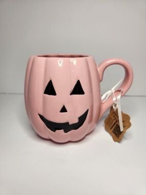 Pink Pumpkin Jack-O'-Lantern Ceramic Mug with Handle
